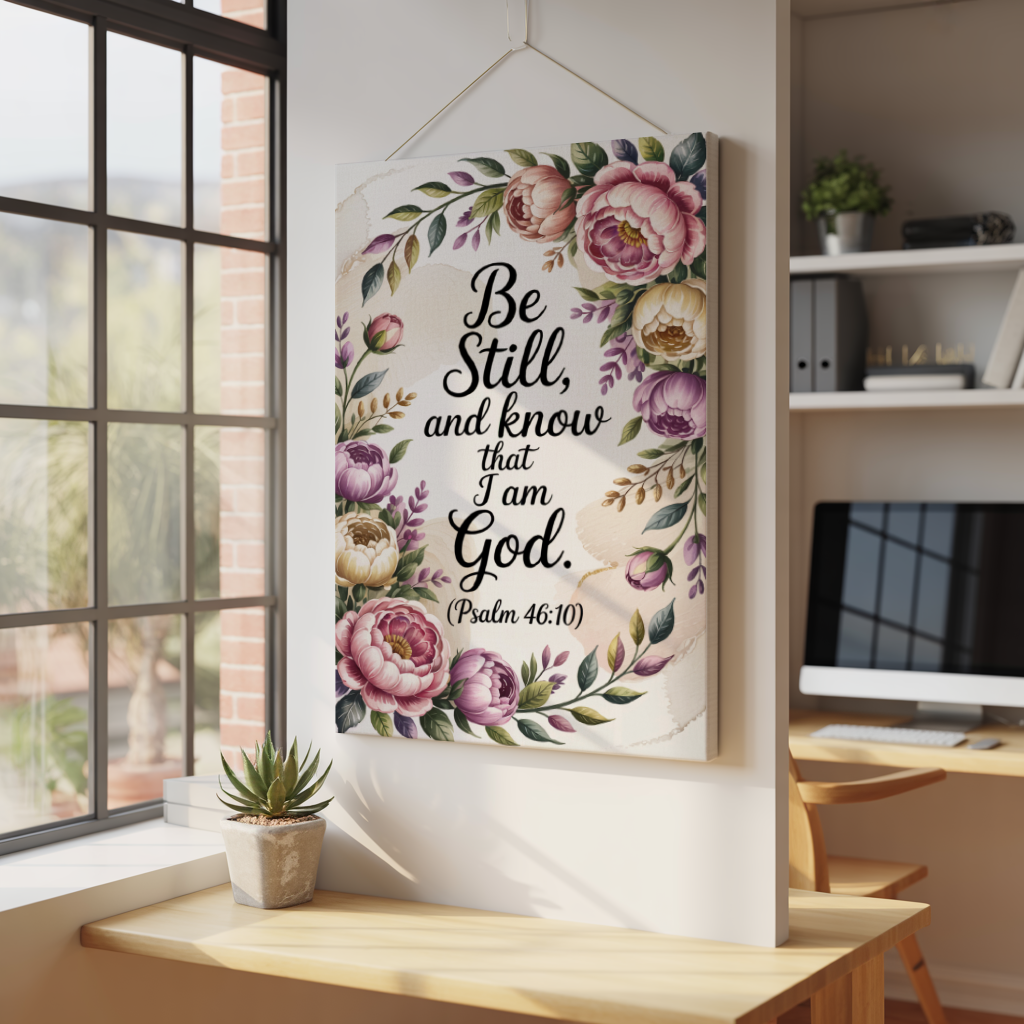 "Be Still & Know" - Psalm 46:10 Elegant Floral Scripture Wall Art