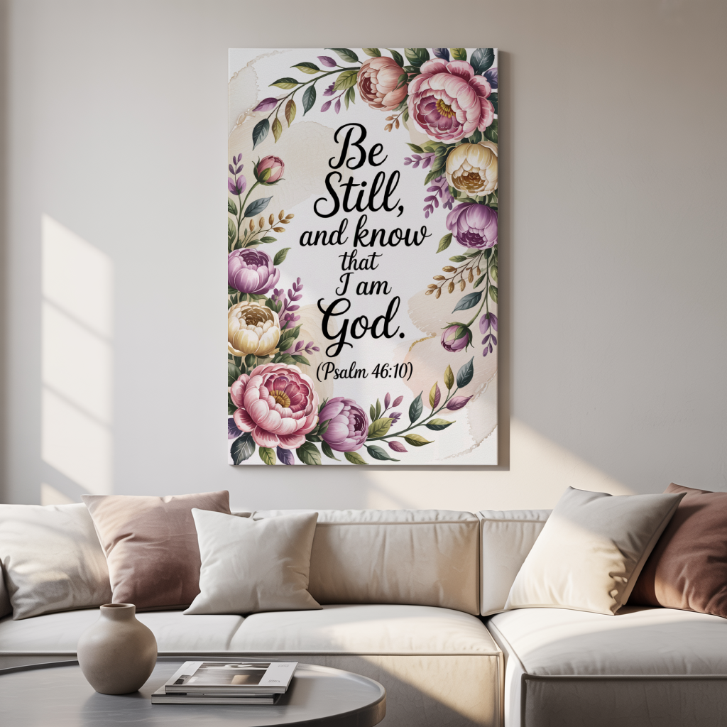"Be Still & Know" - Psalm 46:10 Elegant Floral Scripture Wall Art