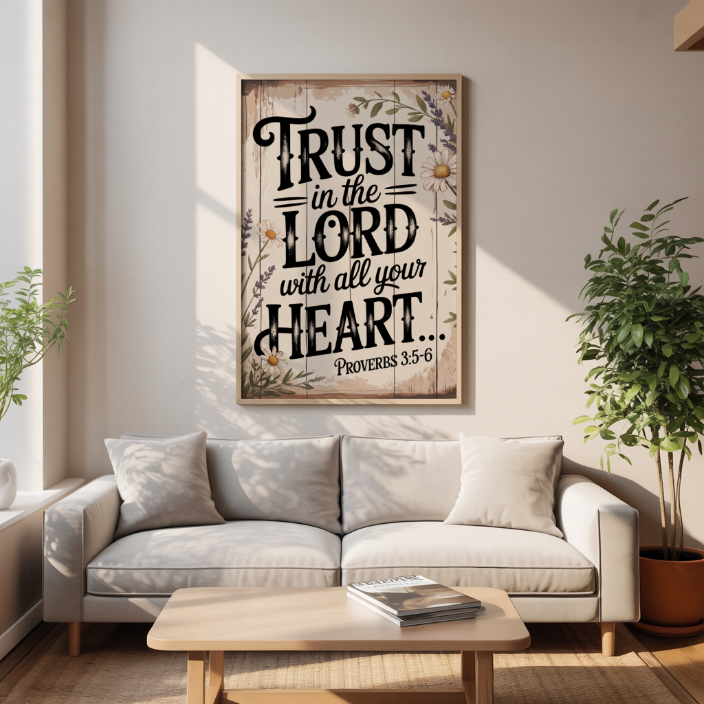 "Trust with All Your Heart" - Proverbs 3:5-6 Rustic Floral Scripture Wall Art