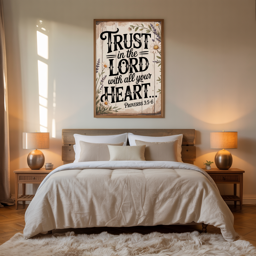 "Trust with All Your Heart" - Proverbs 3:5-6 Rustic Floral Scripture Wall Art