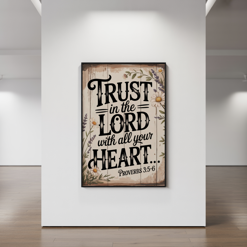 "Trust with All Your Heart" - Proverbs 3:5-6 Rustic Floral Scripture Wall Art