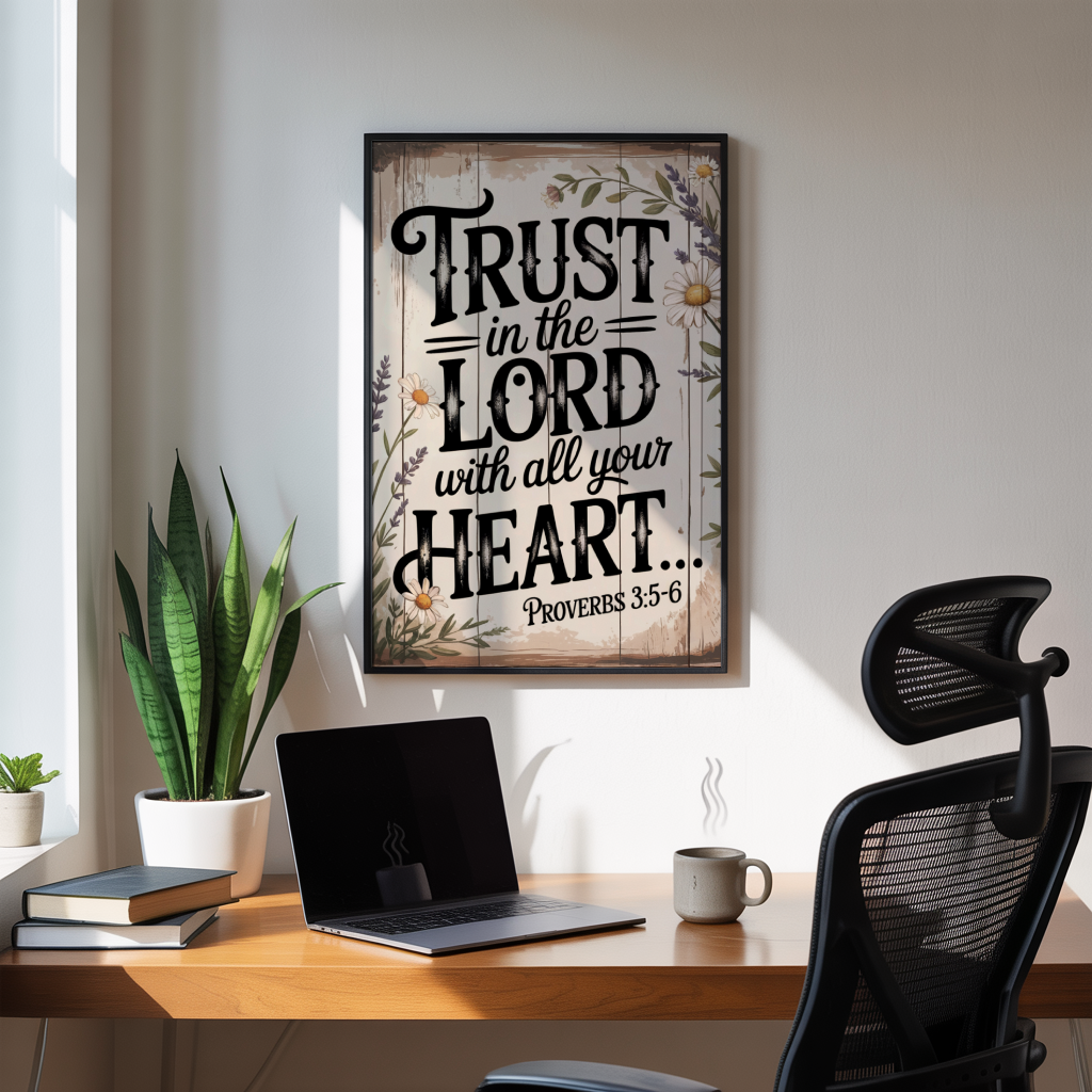 "Trust with All Your Heart" - Proverbs 3:5-6 Rustic Floral Scripture Wall Art
