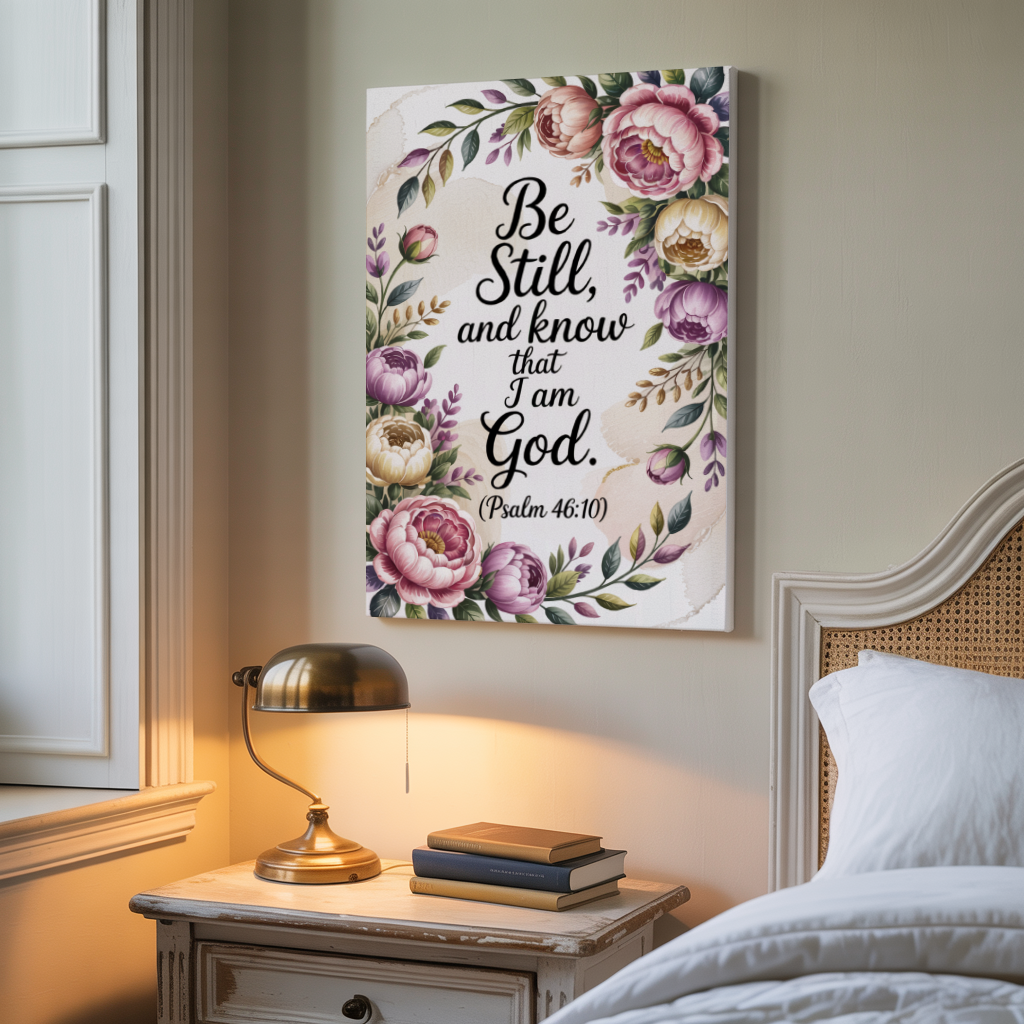 "Be Still & Know" - Psalm 46:10 Elegant Floral Scripture Wall Art