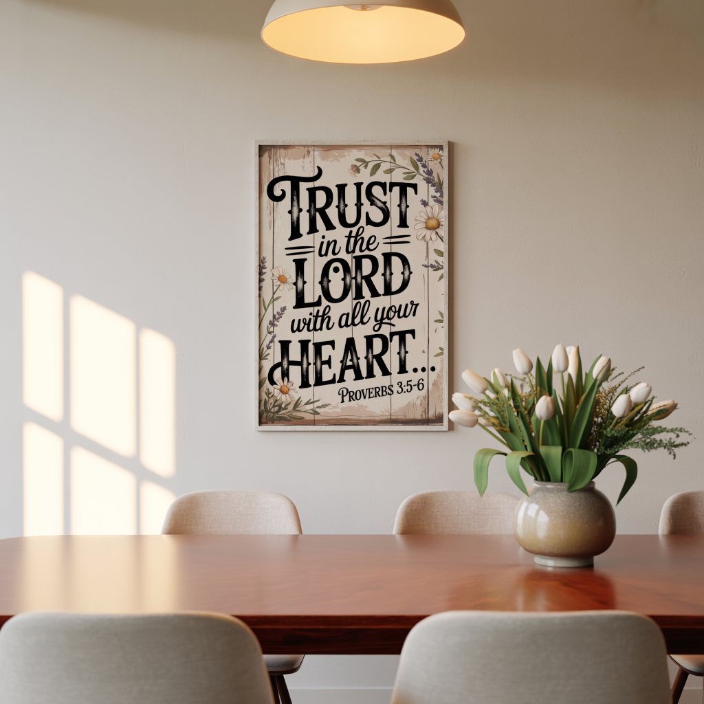 "Trust with All Your Heart" - Proverbs 3:5-6 Rustic Floral Scripture Wall Art